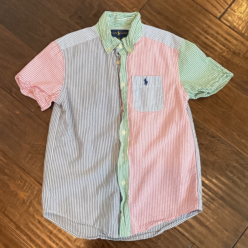 Polo by Ralph Lauren Men's Red, Green, and Blue Striped Shirt